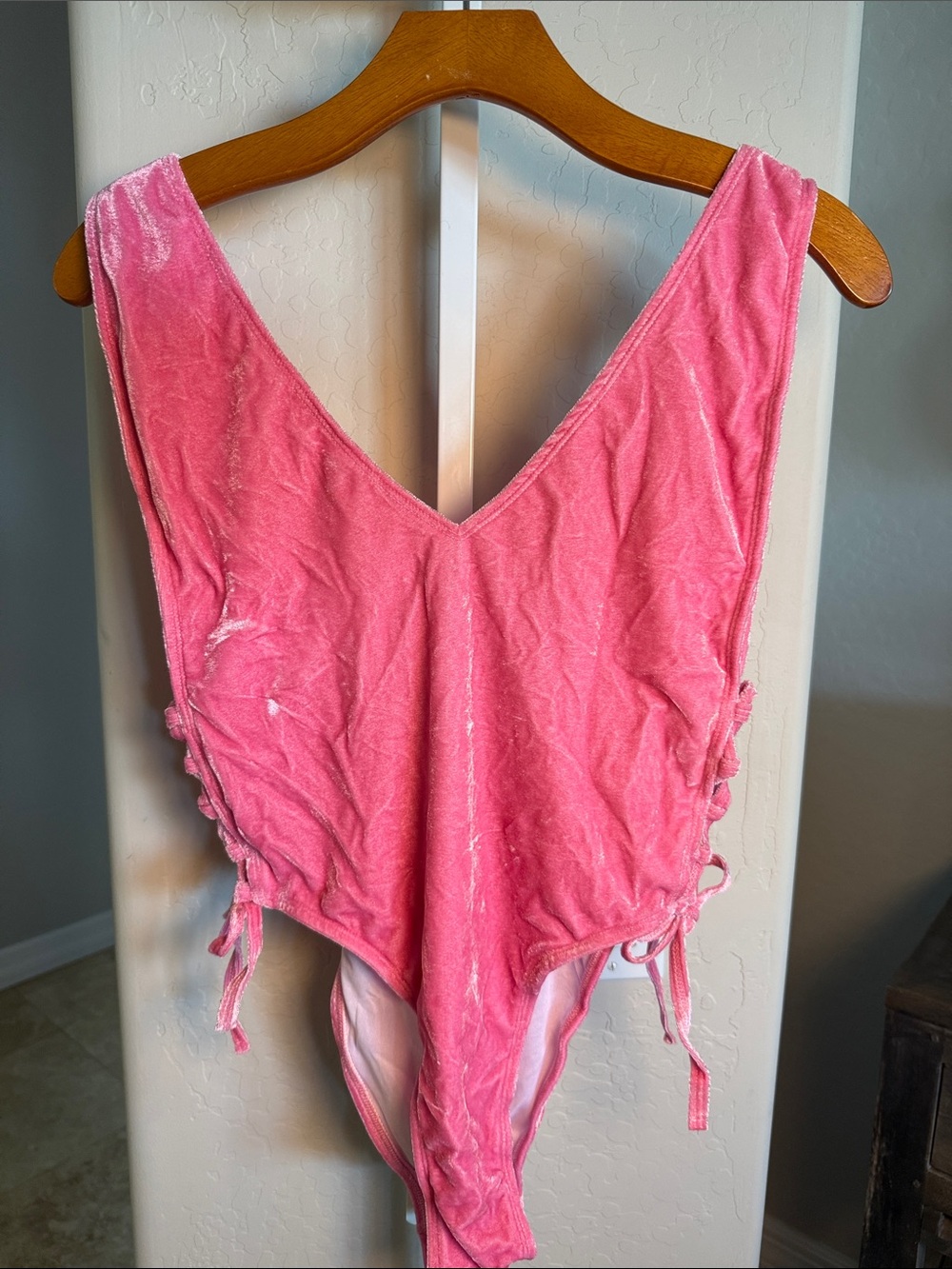 Motel Rocks Valdez Candy Pink Velvet Lace-Up One-Piece Swimsuit NWT